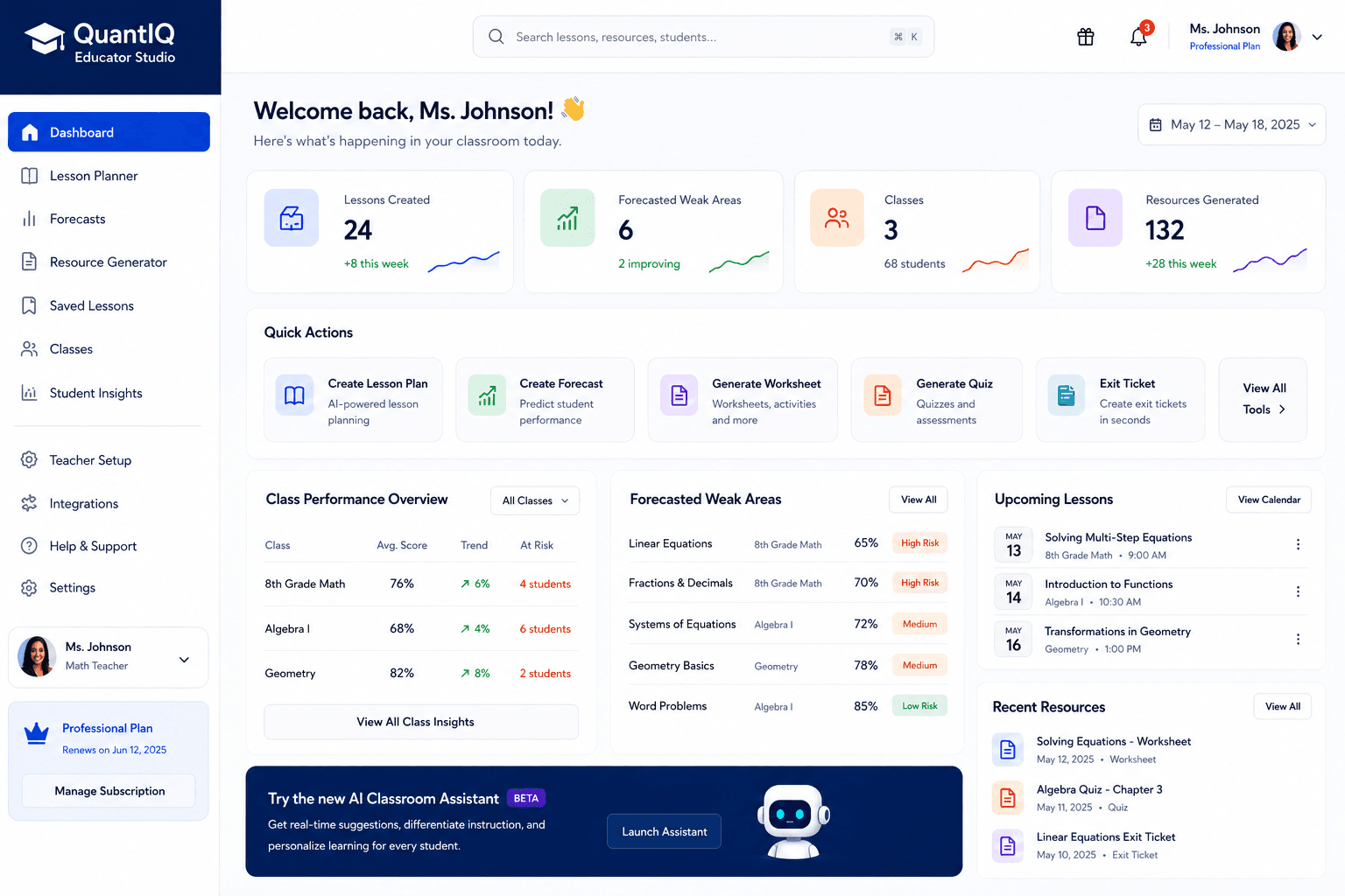 QuantIQ Educator Studio dashboard