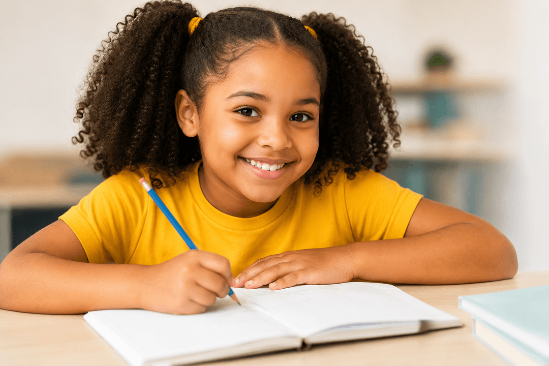 Student smiling while learning